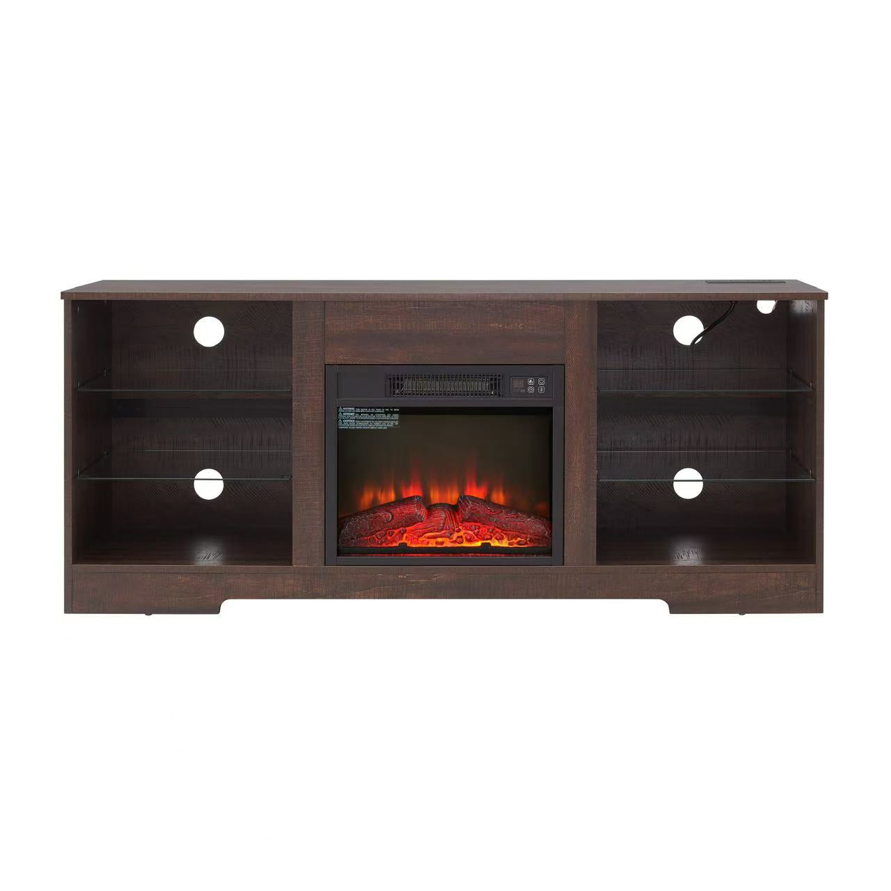 Mondawe Modern Fireplace Glass Frame TV Station, TV Entertainment Console With USB Charging Socket