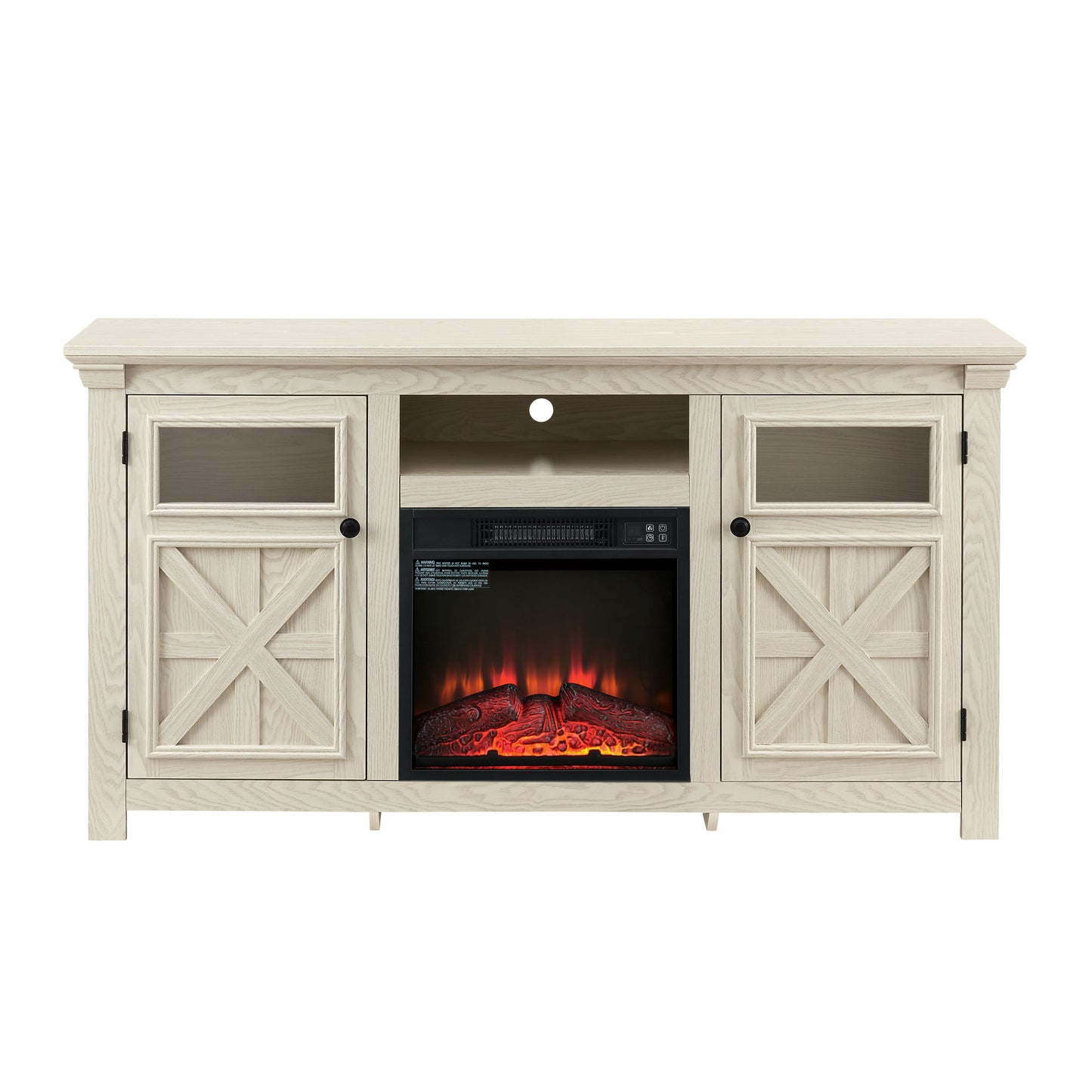 Mondawe Modern Farmhouse TV Media Stand With 18 Inch Fireplace, Two Door Cabinet Farmhouse TV Stand