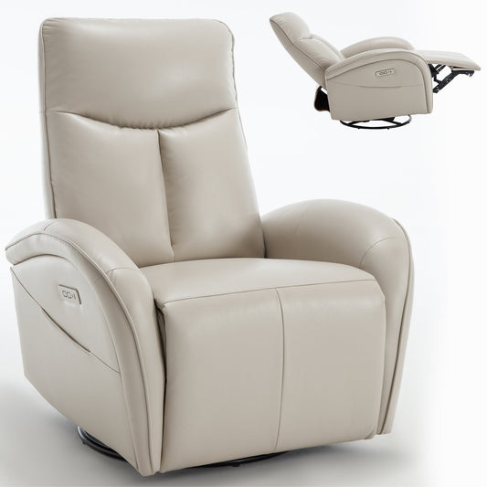 Mondawe Beige Leatheraire Swivel and Rocker Power Recliner Chair with Lumbar Support USB and Type-C