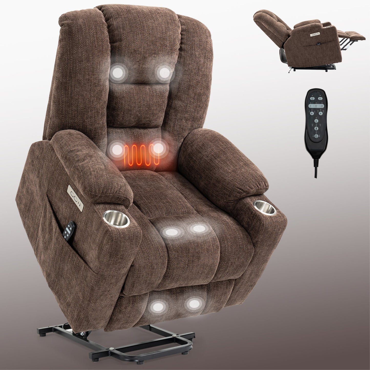 Mondawe Grey Power Lift Recliner Chair with Massage and Heat for Elderly with USB and Type C Ports