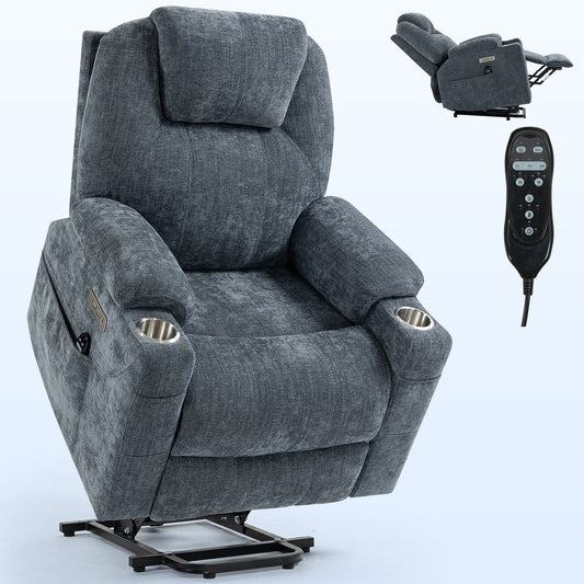 Mondawe Grey Up to 350 LBS Chenille Power Lift Recliner Chair with 8-Point Vibration Massage