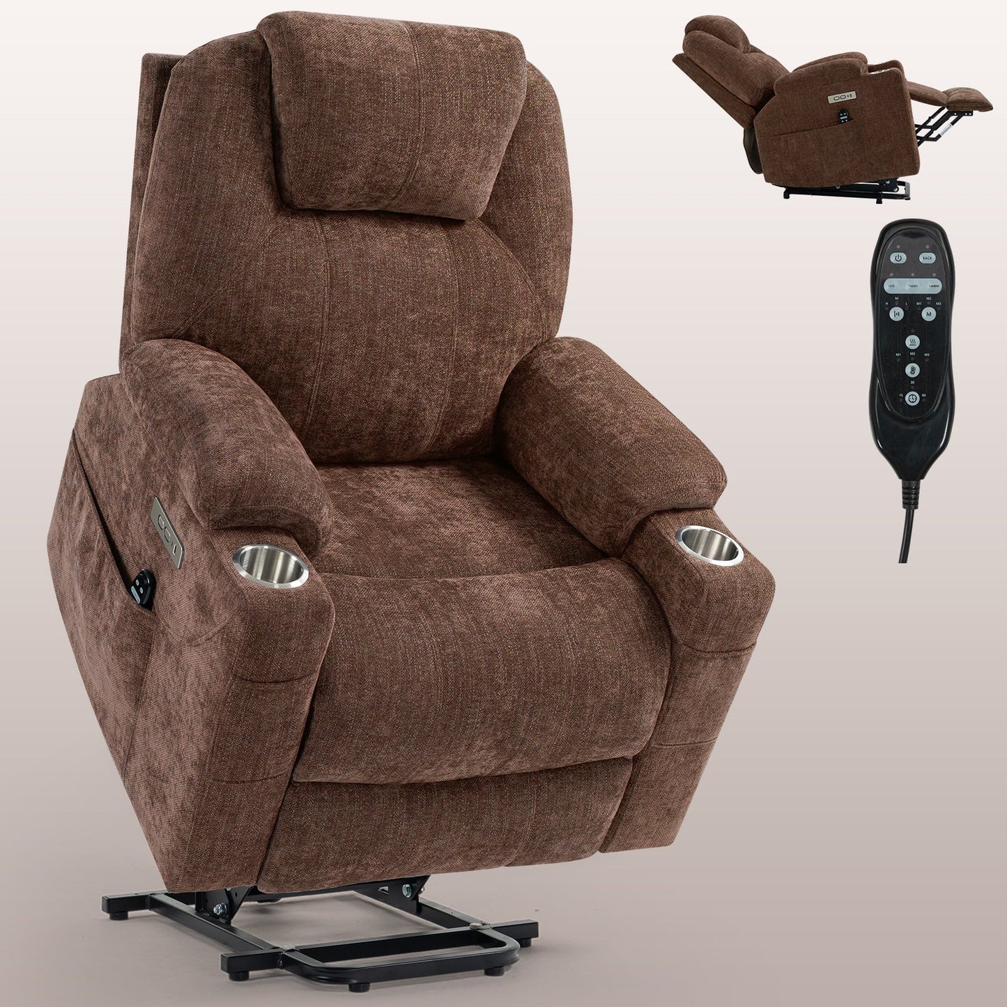 Mondawe Grey Up to 350 LBS Chenille Power Lift Recliner Chair with 8-Point Vibration Massage