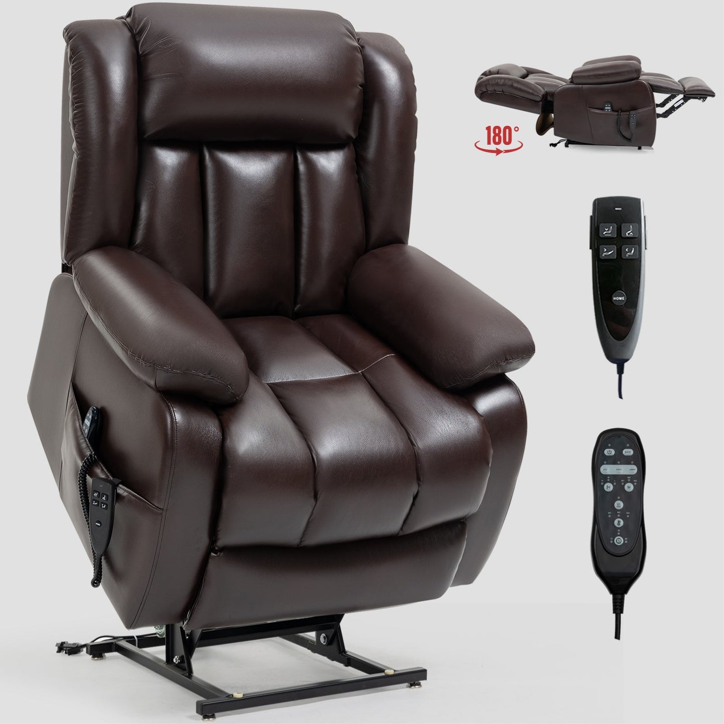 Mondawe Brown Genuine Leather Black Power Lift Recliner Chair with 8-Point Vibration Massage