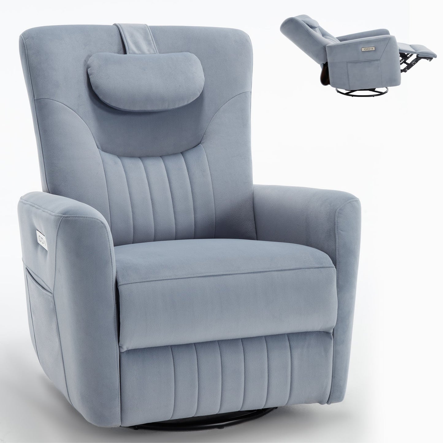 Mondawe White Swivel and Rocker Power Recliner Chair with Lumbar and Neck Support Pillow