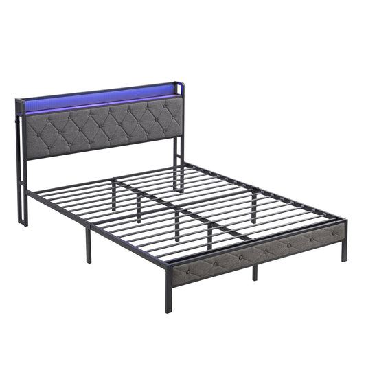 MONDAWE Queen Bed Frame with Storage Headboard with Charging Station and LED Lights, Upholstered Platform Bed with Heavy Metal Slats