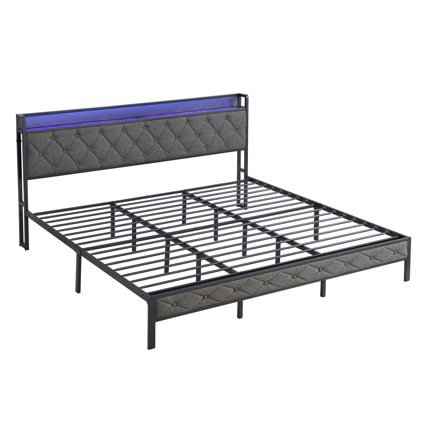 MODNDAWE King Bed Frame with Storage Headboard, Charging Station and LED Lights, Upholstered Platform Bed with Heavy Metal Slats