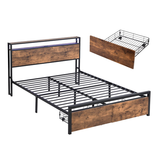 MONDAWE Full Size Bed Frame with Storage Headboard and 2 Drawers, LED Lights Bed with Charging Station, Metal Platform Bedroom Furniture