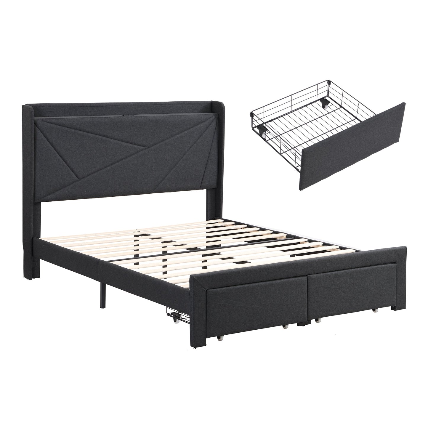 MONDAWE Queen Size Bed Frame with 2 Storage Drawers, Upholstered Bed Frame with Wingback Headboard Storage Shelf Built-in USB Charging Stations