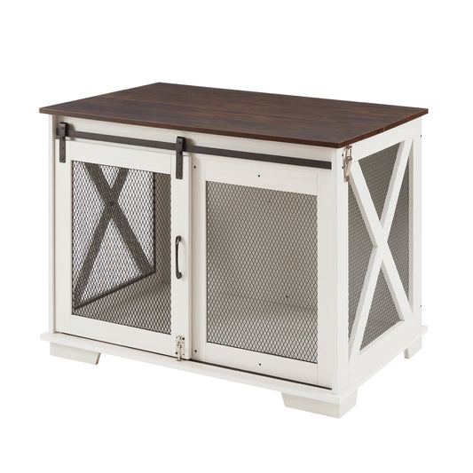 Mondawe Farmhouse Dog Cage Flat Noodles Cabinet, Wooden Dog House End Table With Overturning Roof