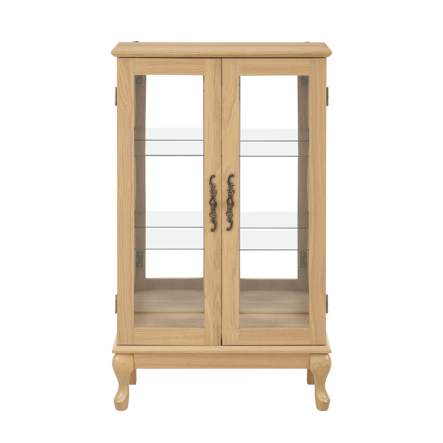 Mondawe Double Tempered Glass Door Antique Cabinet With Mirror Backboard And Adjustable Shelves