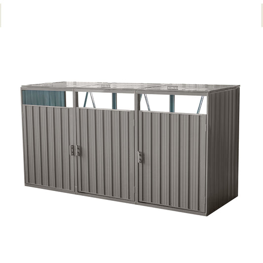 Mondawe Grey Garbage Bin Shed Stores 3 Trash Cans Metal Outdoor Bin Shed for Garbage Storage