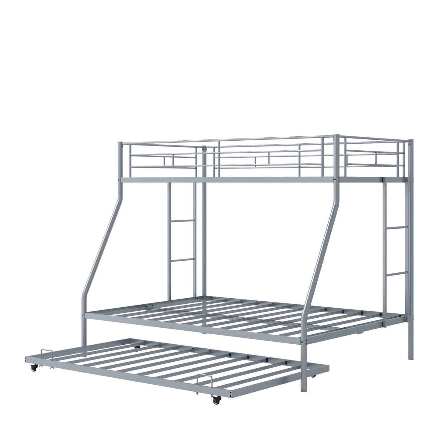 Mondawe Silver 2 Side Ladders Metal Bunk Bed with Trundle Heavy Duty Twin Size