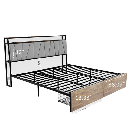 Mondawe Rustic Brown King Bed Frame with Storage and 2 Storage Drawers