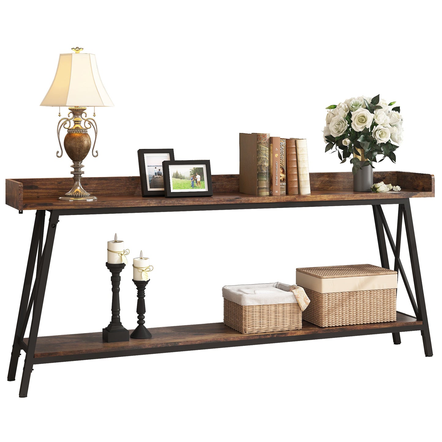 Mondawe 70.87inch Brown Black Extra Long Console Table Behind Couch for Living Room