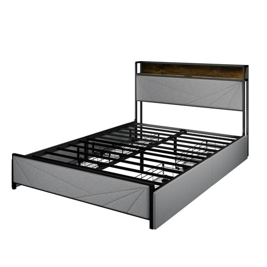 Mondawe Dark Grey Full Size Bed Frame with 4 Storage Drawers and 2 USB Ports