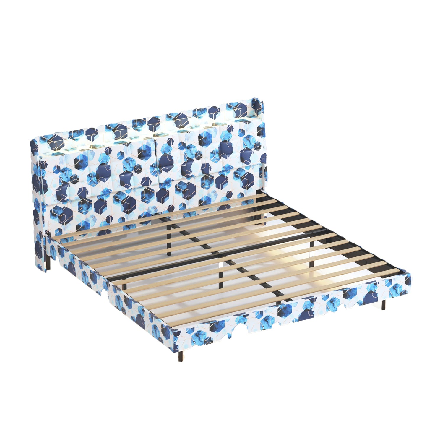 Mondawe Blue Queen Floating Bed Frame with LED Light and Charging Station Upholstered Platform