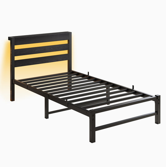 Mondawe Twin Size Bed Frame,Springless Steel Bar Bed Frame With USB Charging Station And LED Lights