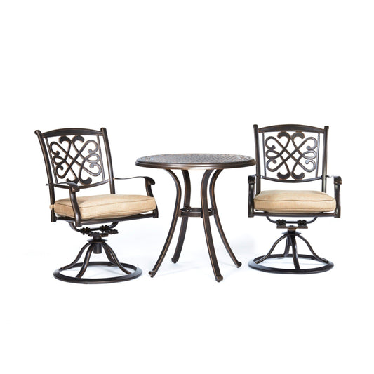 MONDAWE 3-Piece Antique Bronze Cast Aluminum Round Outdoor Bistro Set with Swivel Metal Chair with Beige Cushion