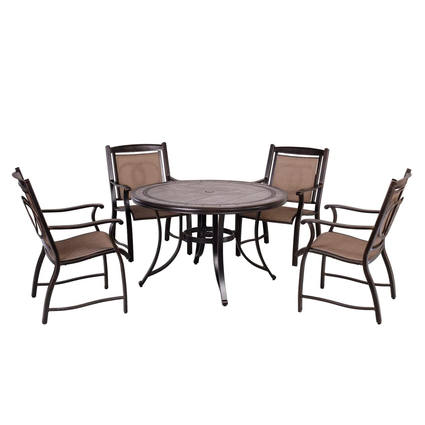 MONDAWE Antique Bronze 5-Piece Cast Aluminum Round 28 in. H Outdoor Patio Dining Set and Umbrella Hole