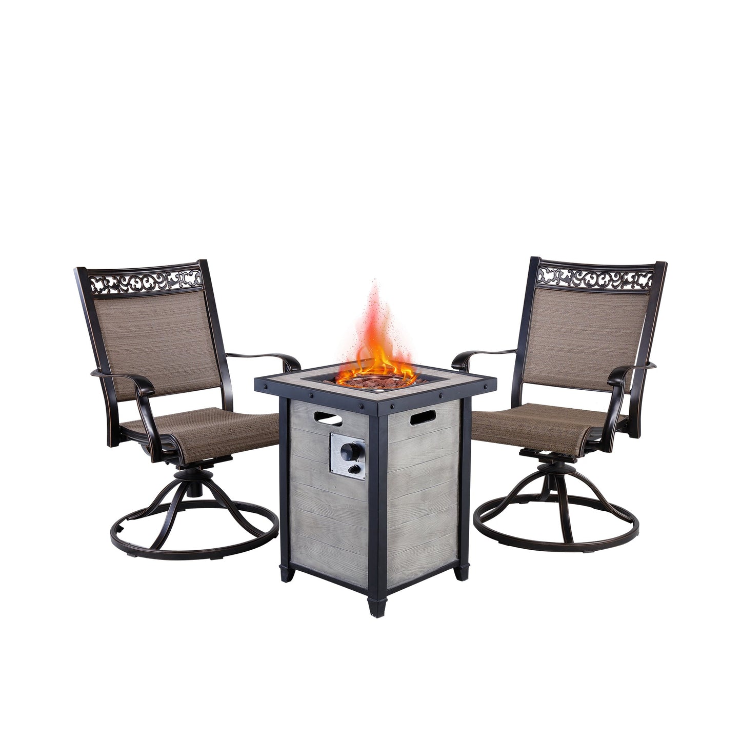 MONDAWE 3-Piece Cast Aluminum Patio Fire Pit in Khaki Seating Set with Swivel Base for Garden, Yard