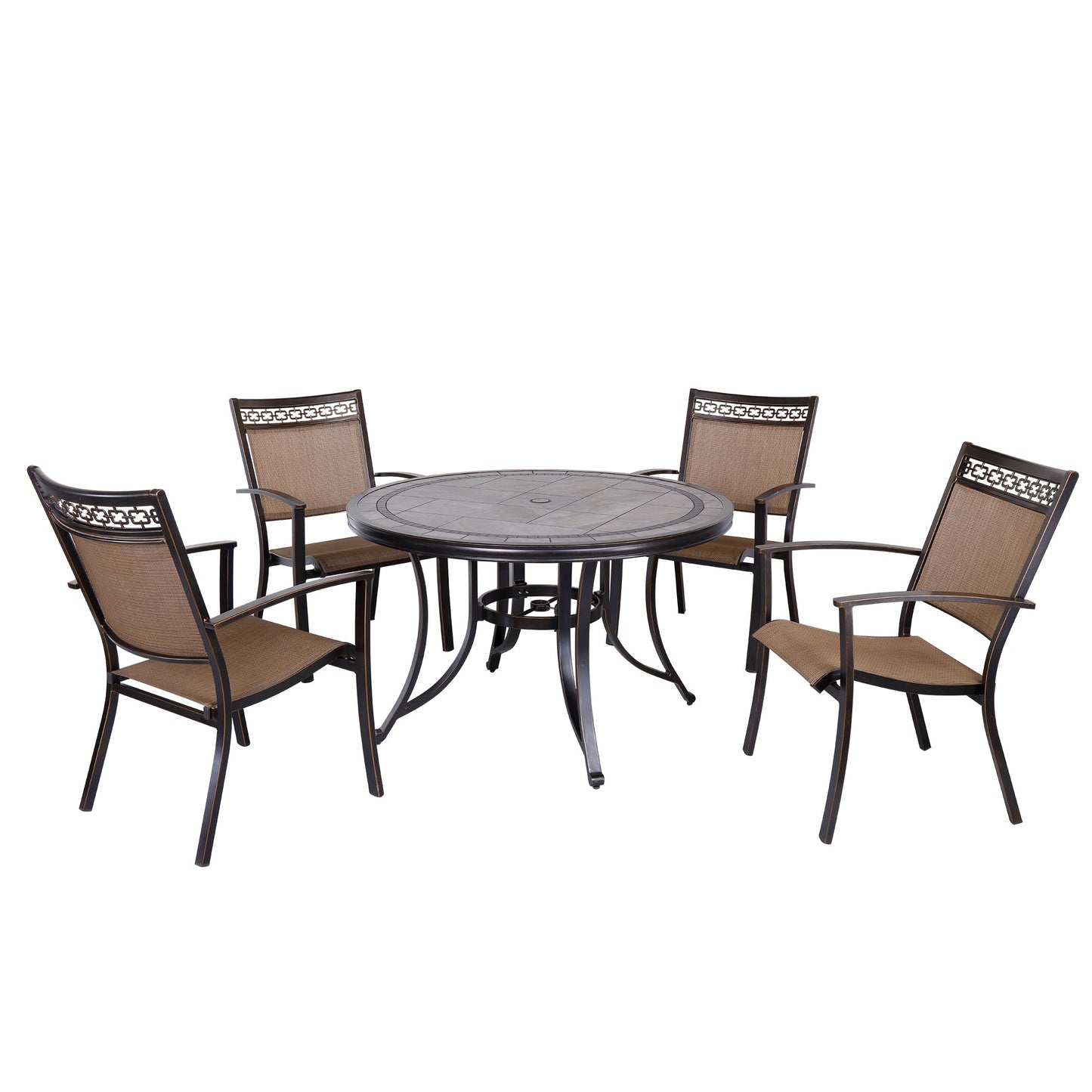 MONDAWE 5-Piece Cast Aluminum Round 28 in. H Outdoor Dining Umbrella Table and Sets of 4 Chairs