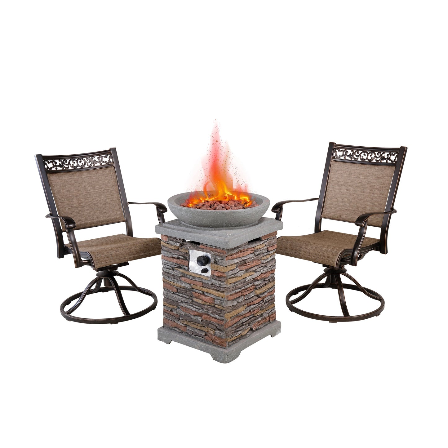 MONDAWE 3-Piece Cast Aluminum Outdoor Conversation Seating Set Beige Cushion with Patio Fire Pit for Countyard