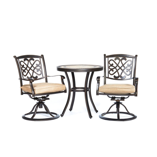 MONDAWE 3-Piece Cast Aluminum Round 28 in. H Outdoor Bistro Set with Swivel Metal Chairs with Beige Cushion