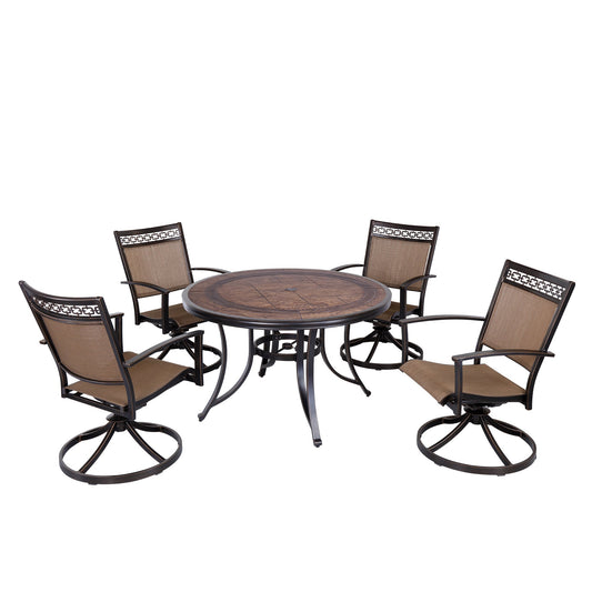 MONDAWE 5-Piece Antique Bronze Outdoor Dining Set with Round Umbrella Table, Swivel Sling Chairs