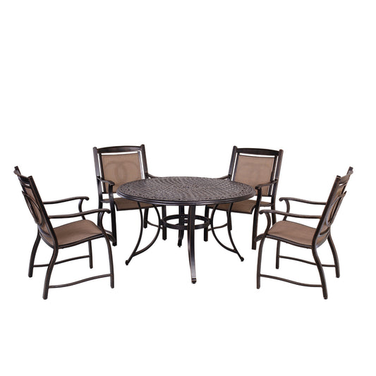 MONDAWE 5-Piece Antique Bronze Cast Aluminum Round 28 in. H Outdoor Patio Dining Set and Umbrella Hole