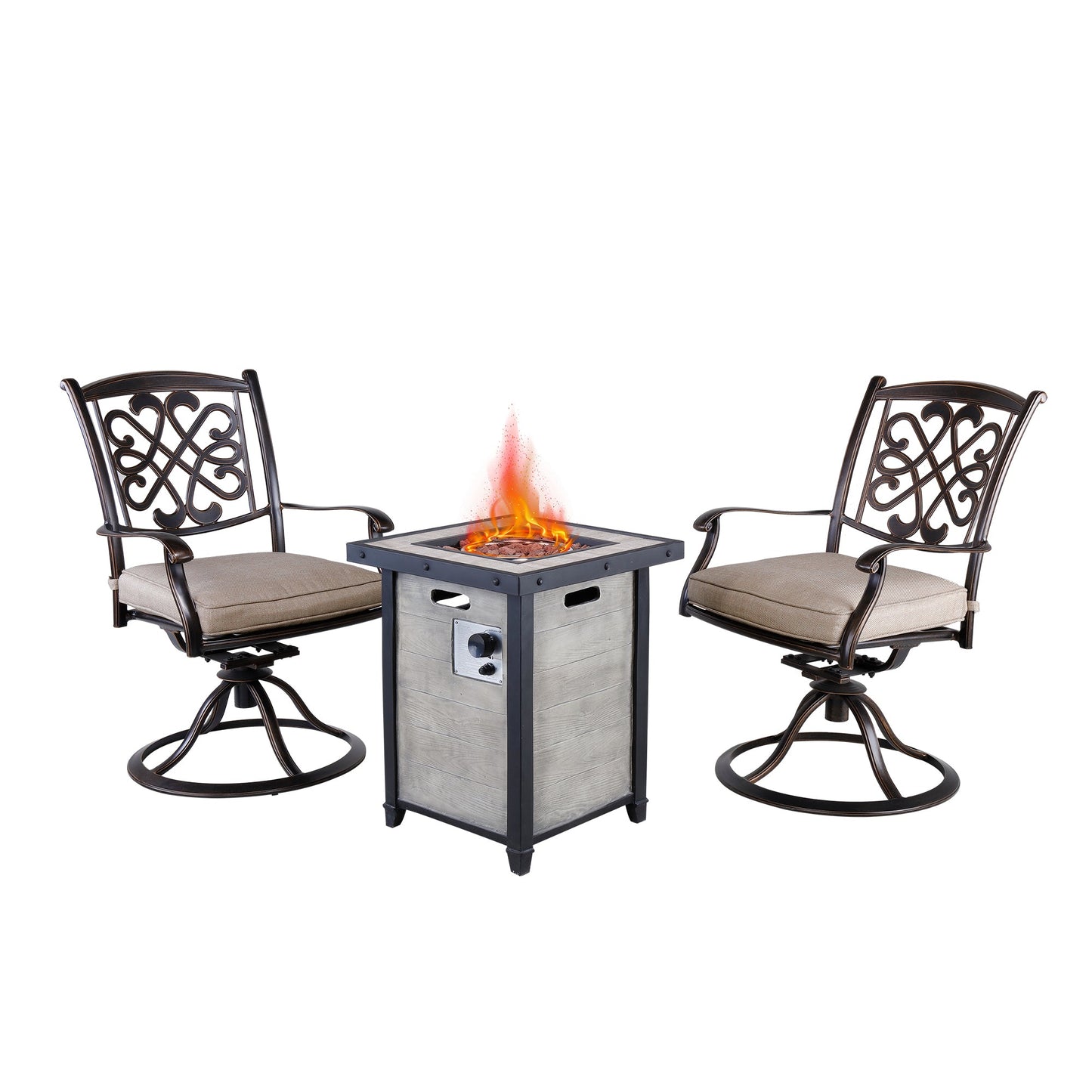 MONDAWE 3-Piece Cast Aluminum Patio Fire Pit in White Swivel Seating Set with Beige Cushions for Garden, Yard