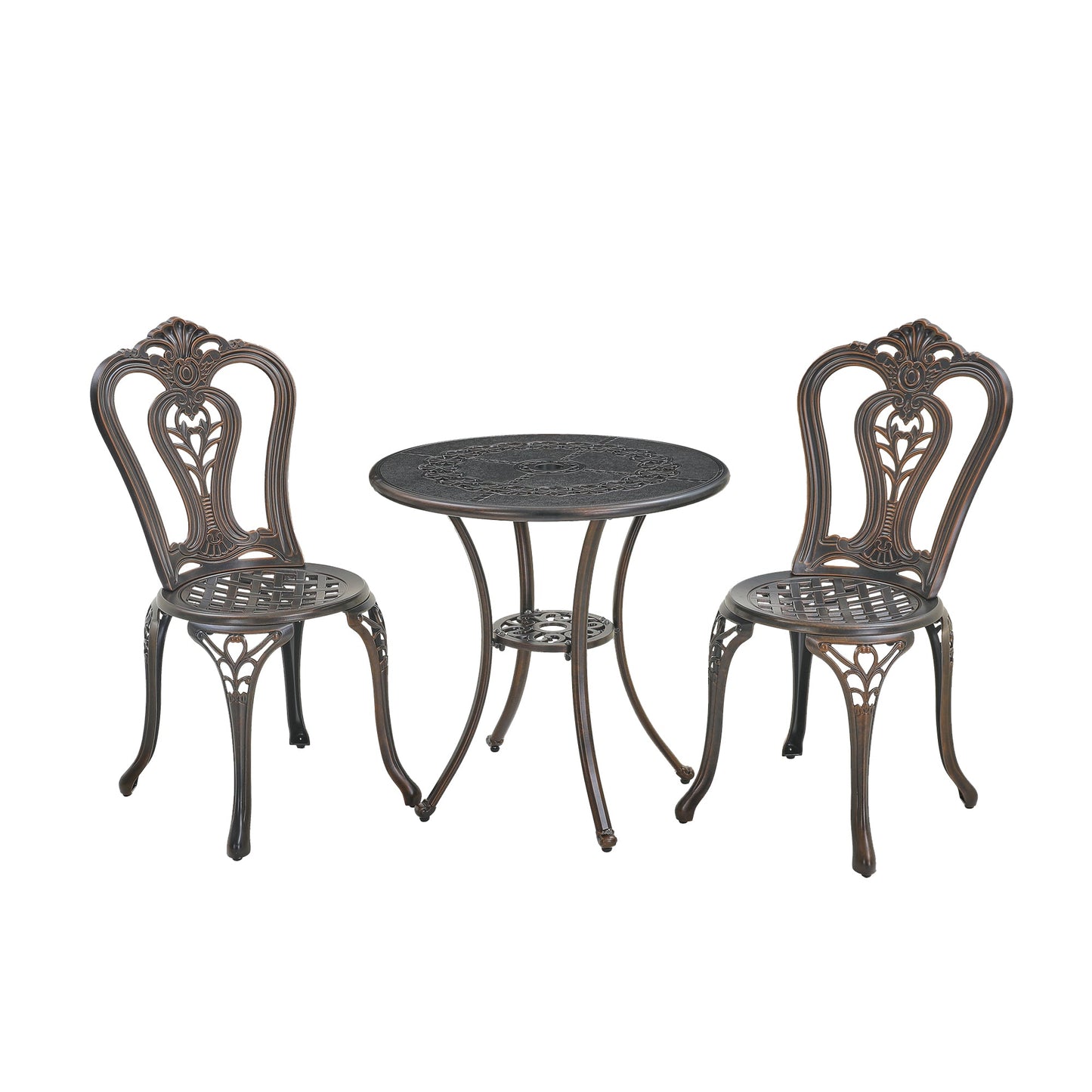 MONDAWE 3-Piece Cast Aluminum Bistro Table and Chairs Set, Outdoor Bistro Table With Umbrella Hole