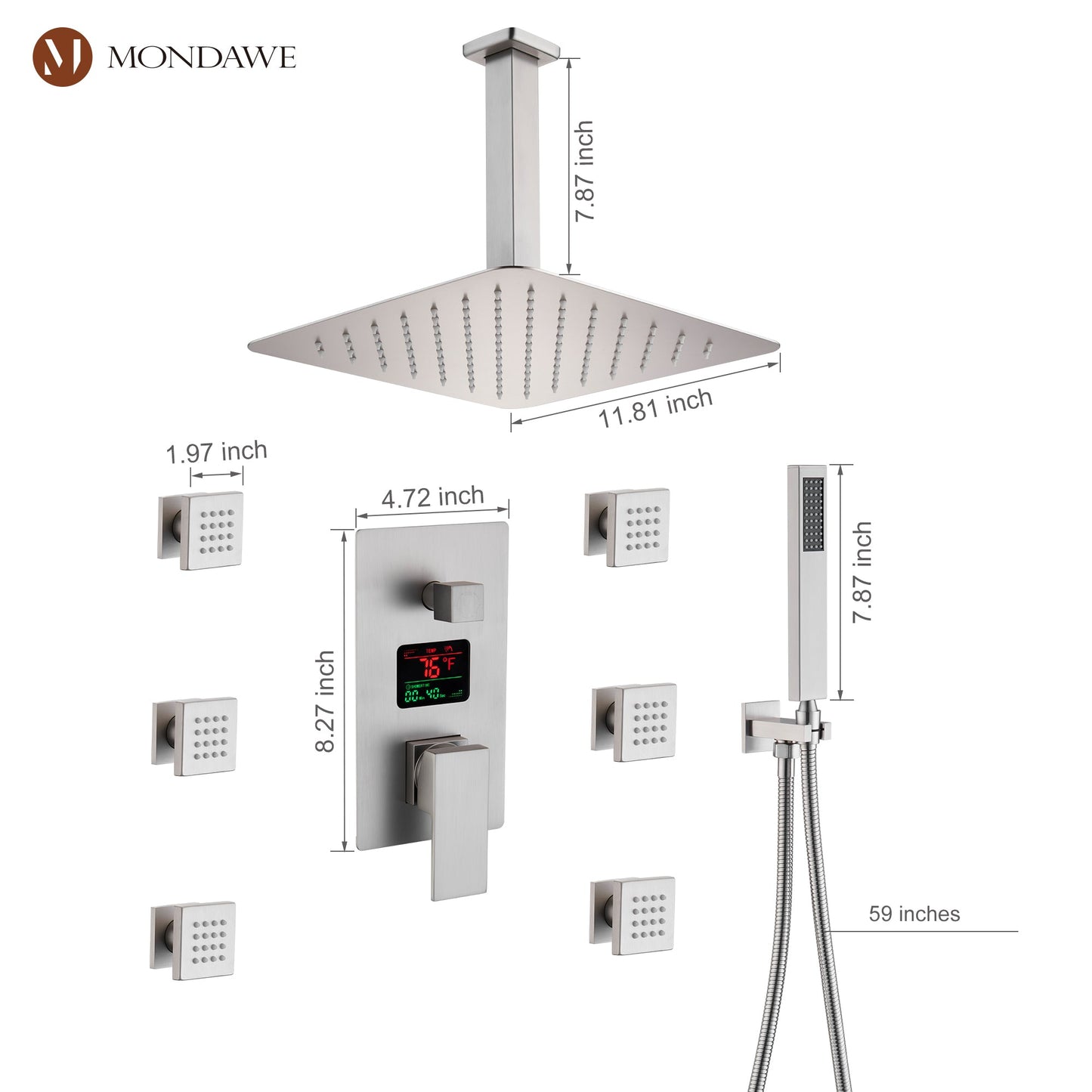 Mondawe Celling Mount Thermostatic Rain Shower System with Handheld Shower, Wall Body Jets and Digital Display