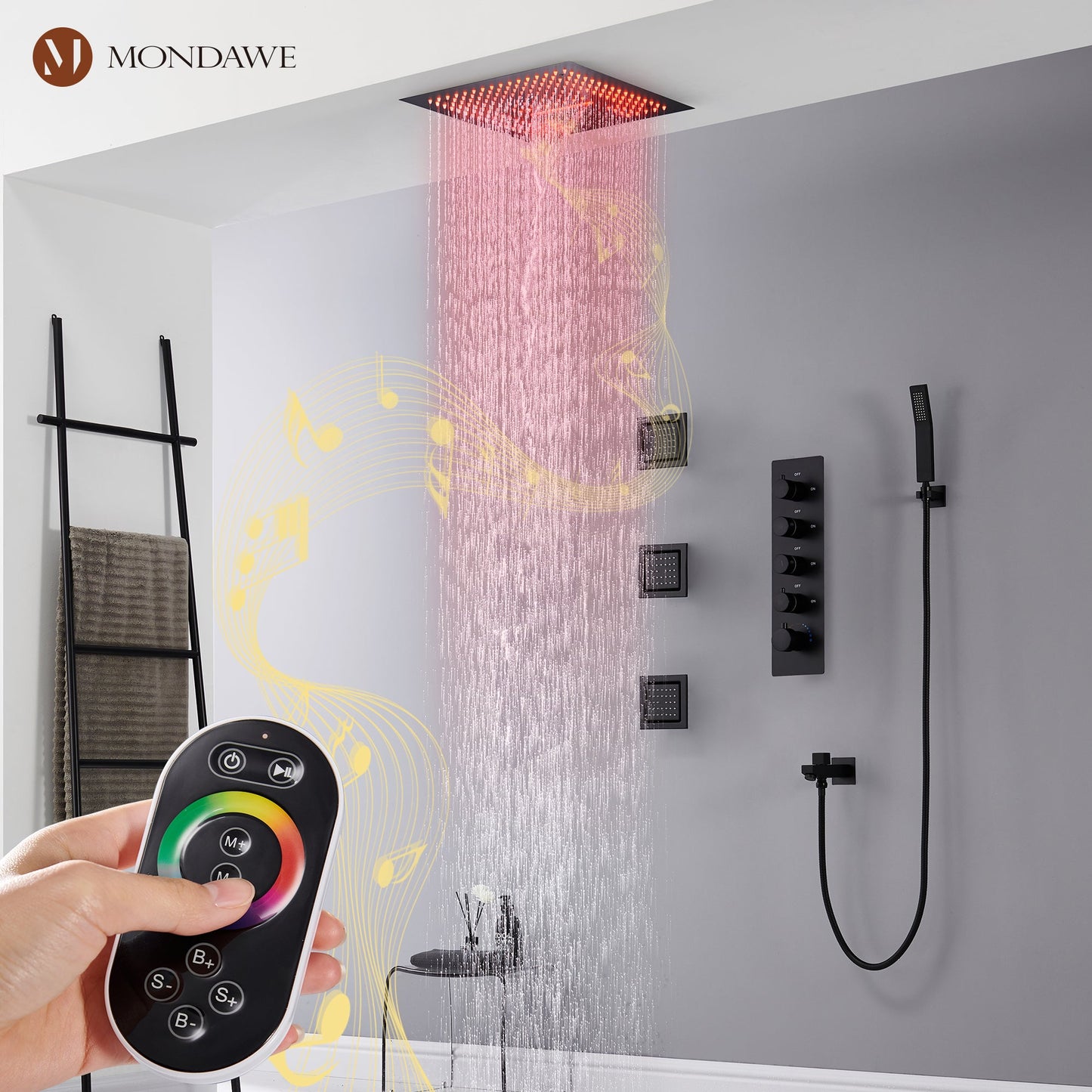 Mondawe 4-Way Shower System with LED and Music Player in Black/Nickel/Gold