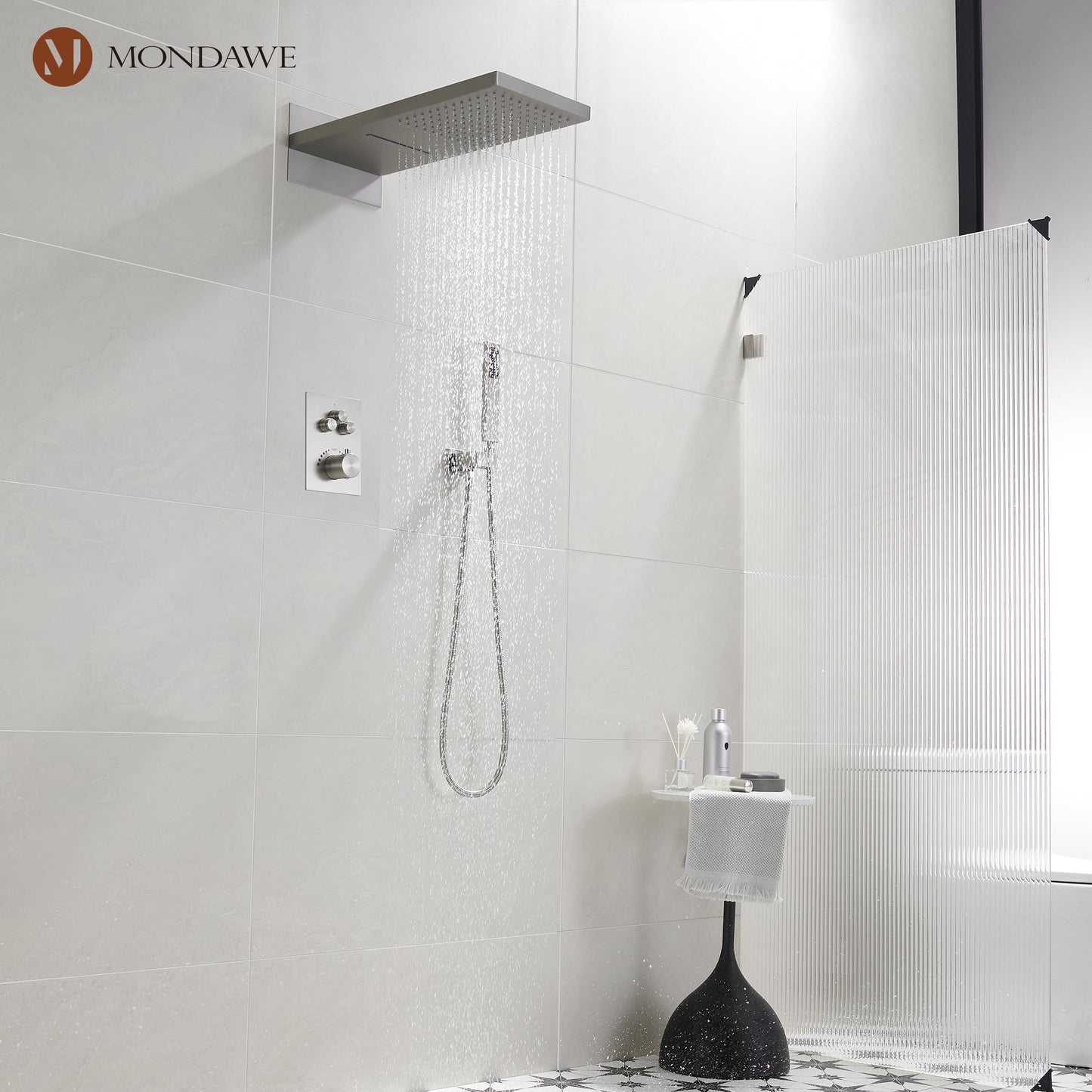 Mondawe 2 Functions Wall Mount Luxury Thermostatic Complete Shower System (Rough-In Valve Included) in Nickel/Black