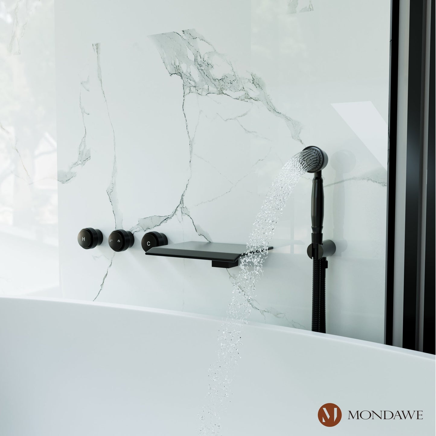 Mondawe Eleanor 3-Handle Waterfall Wide-Spray High Pressure Tub and Shower Faucet in Matte Black With Valve