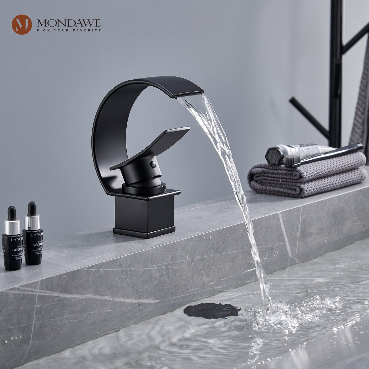 Mondawe 8 In Widespread Single-Lever Handle Arc Spout Single-Hole Bathroom Sink Faucet with Waterfall