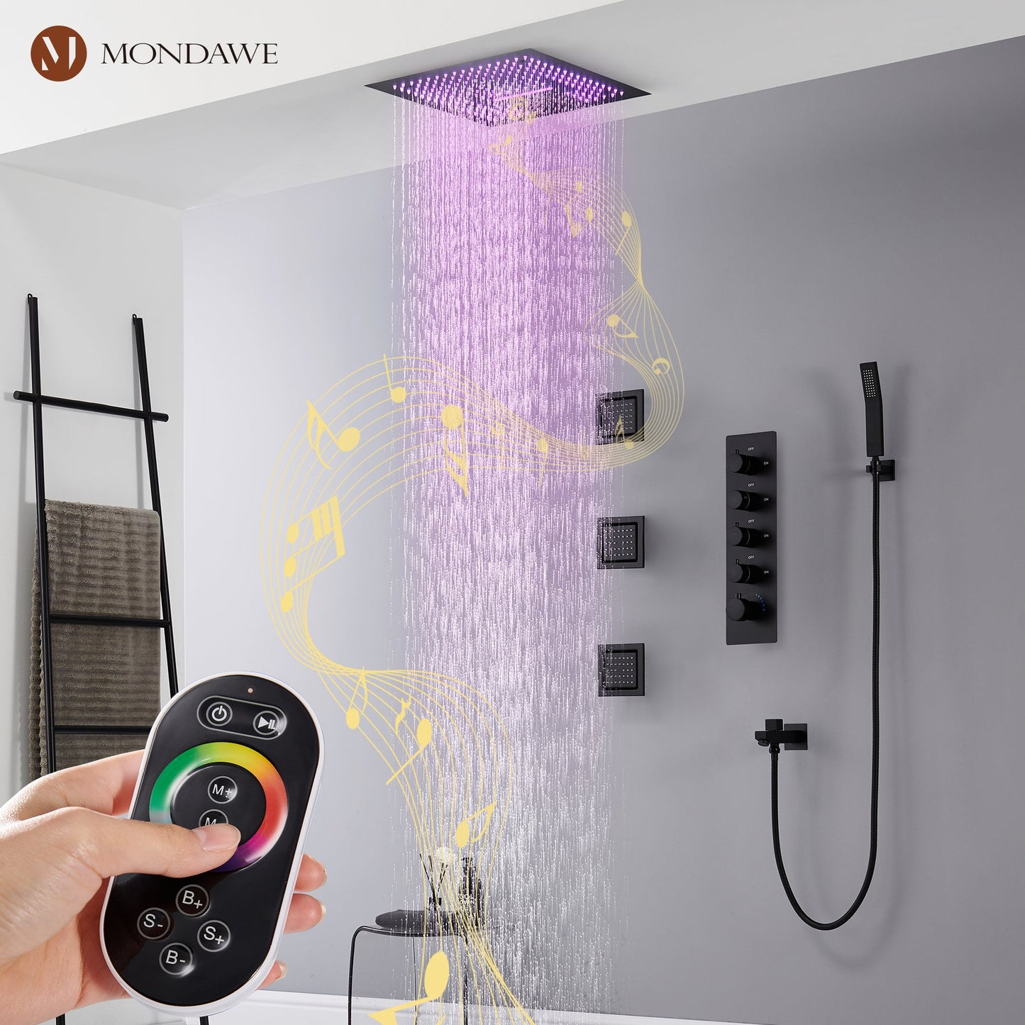 Mondawe 4-Way Shower System with LED and Music Player in Black/Nickel/Gold