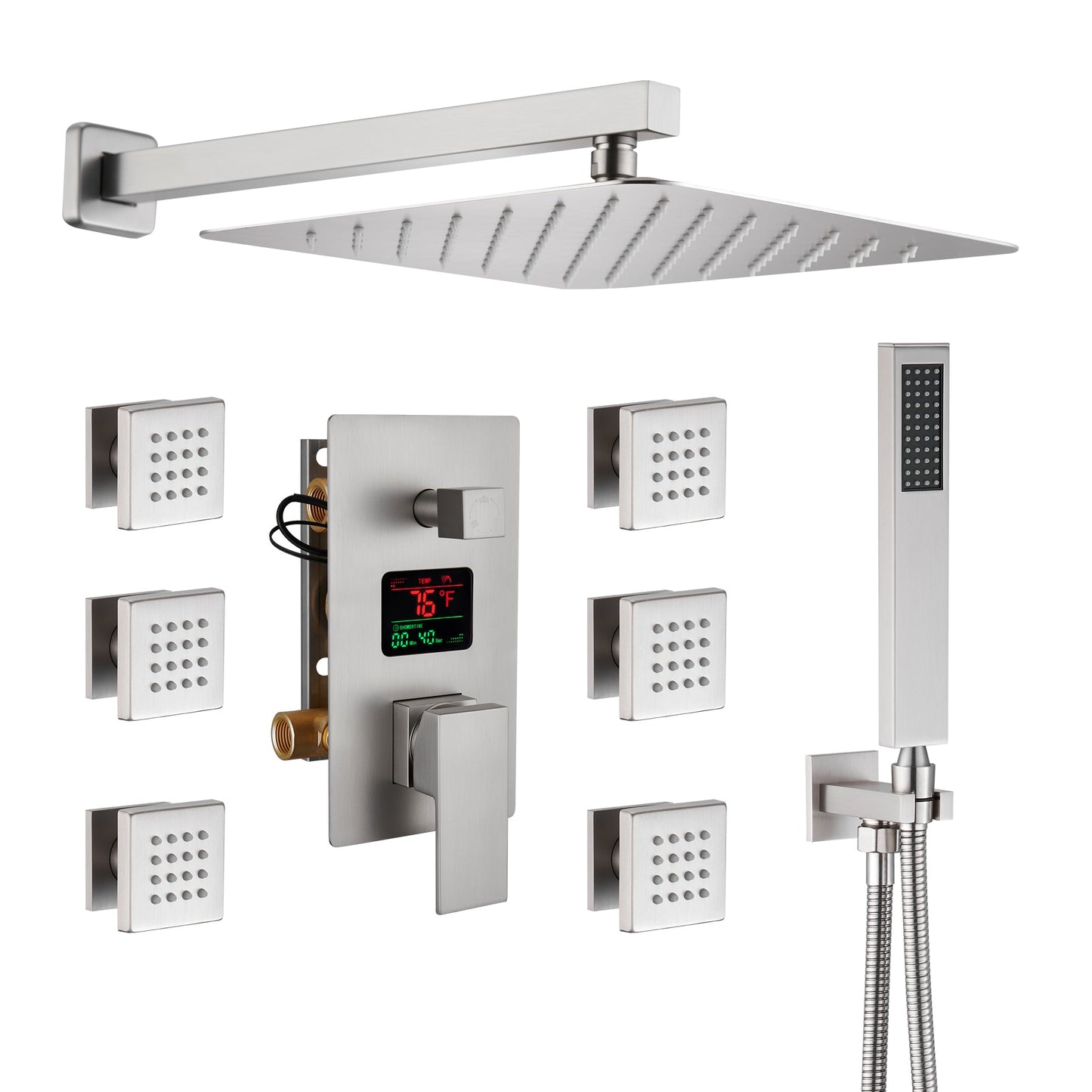 Mondawe Wall Mount Thermostatic Rain Shower Head System with Body Sprayers Handheld Shower and Digital Display