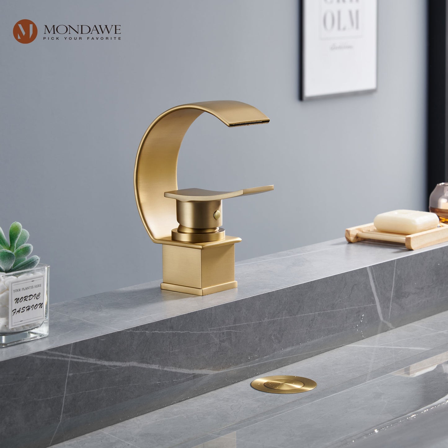 Mondawe 8 In Widespread Single-Lever Handle Arc Spout Single-Hole Bathroom Sink Faucet with Waterfall