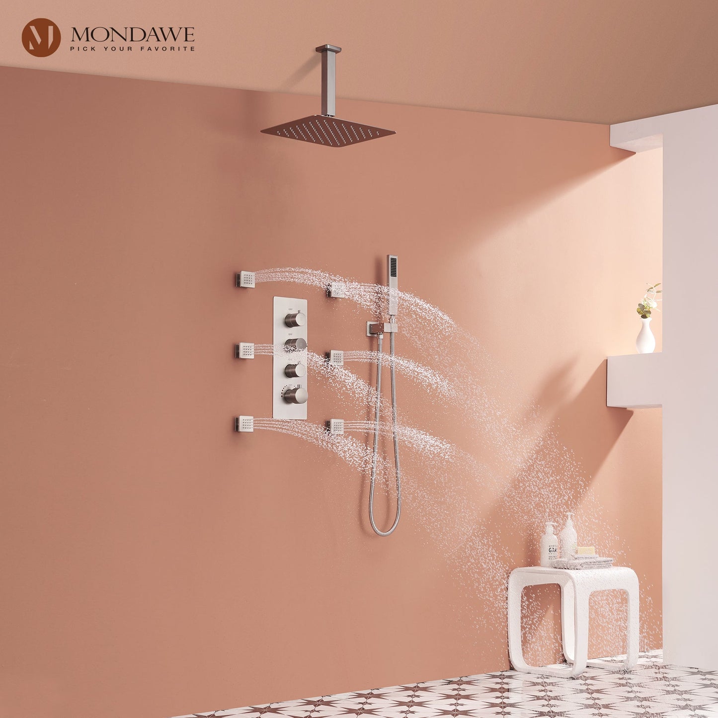 Mondawe Celling Mount Thermostatic Rainfall Shower System Set with Hand Held Shower Head and 6 Body Jets