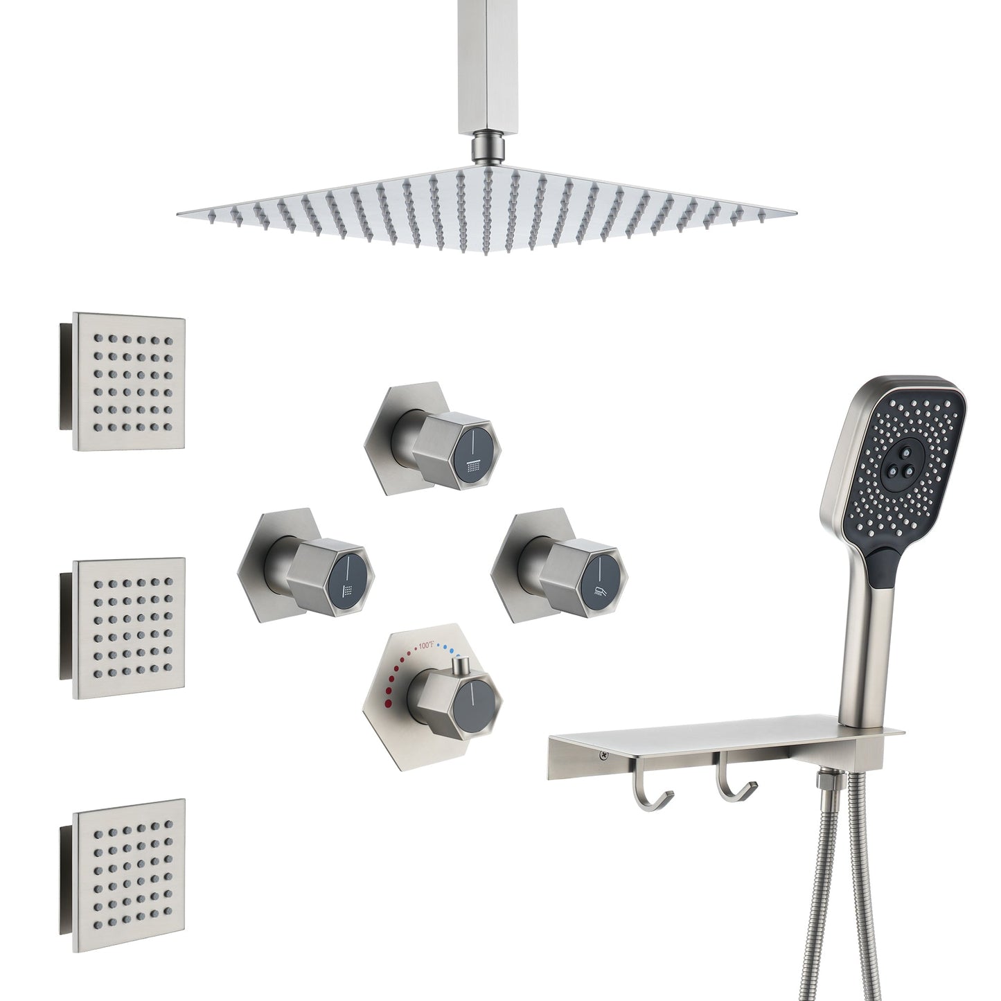 12in Thermostatic Ceiling Mount 3 Functions Shower System with Body Jets and Storage Shelf