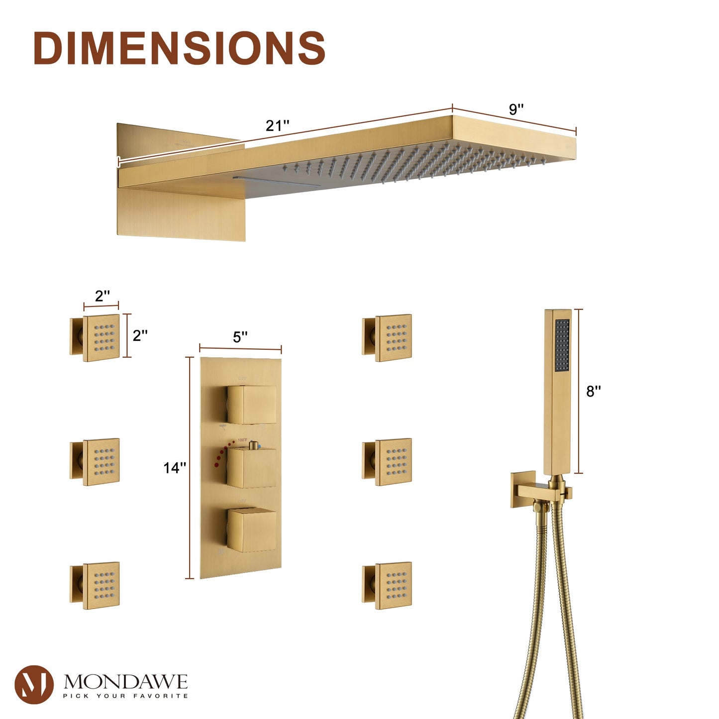 22in 4 Functions Thermostatic Rainfall Shower System with 6 Rotating Body Jets