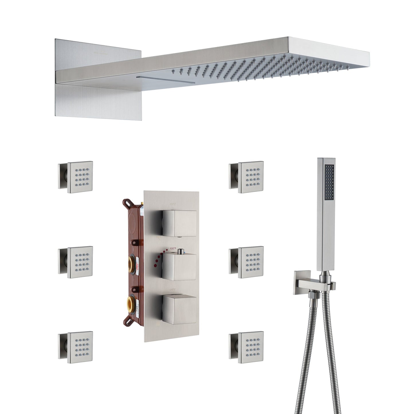 22in 4 Functions Thermostatic Rainfall Shower System with 6 Rotating Body Jets