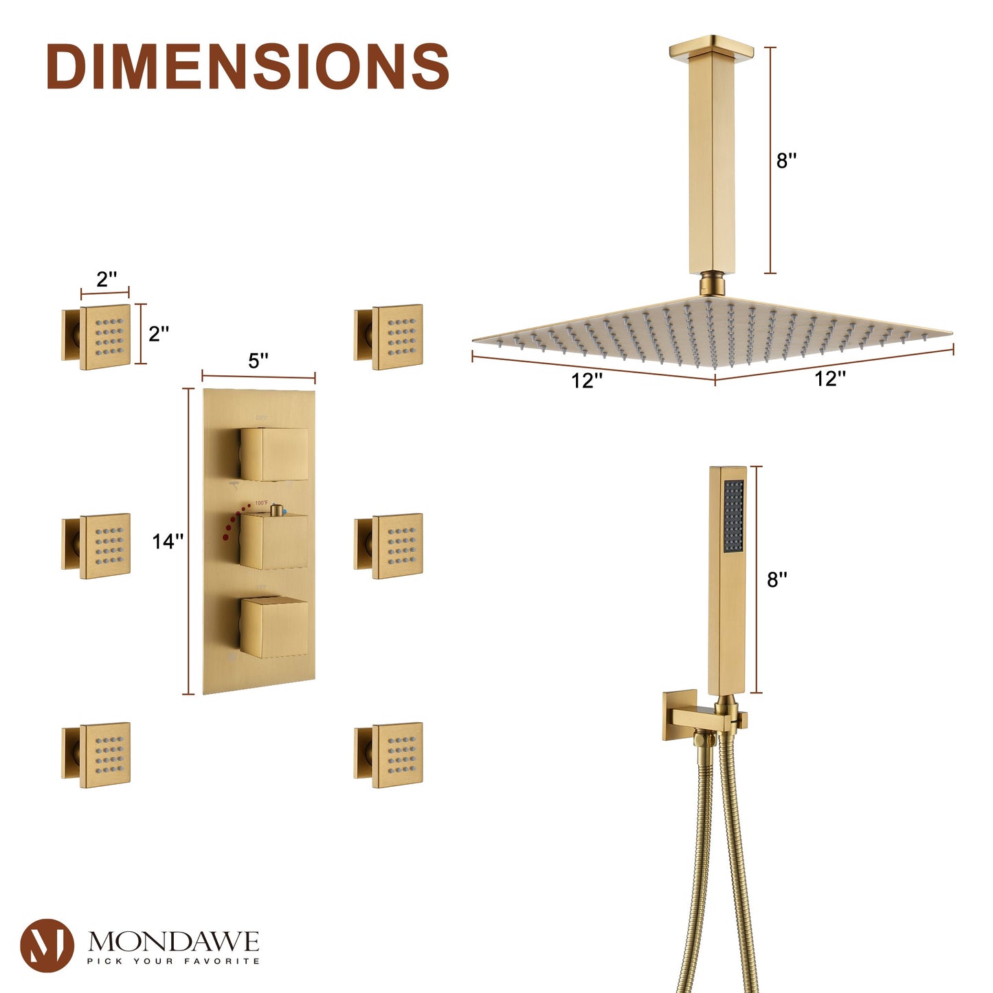 12in Thermostatic Rainfall 3 Functions Shower System with 6 Brass Body Jets