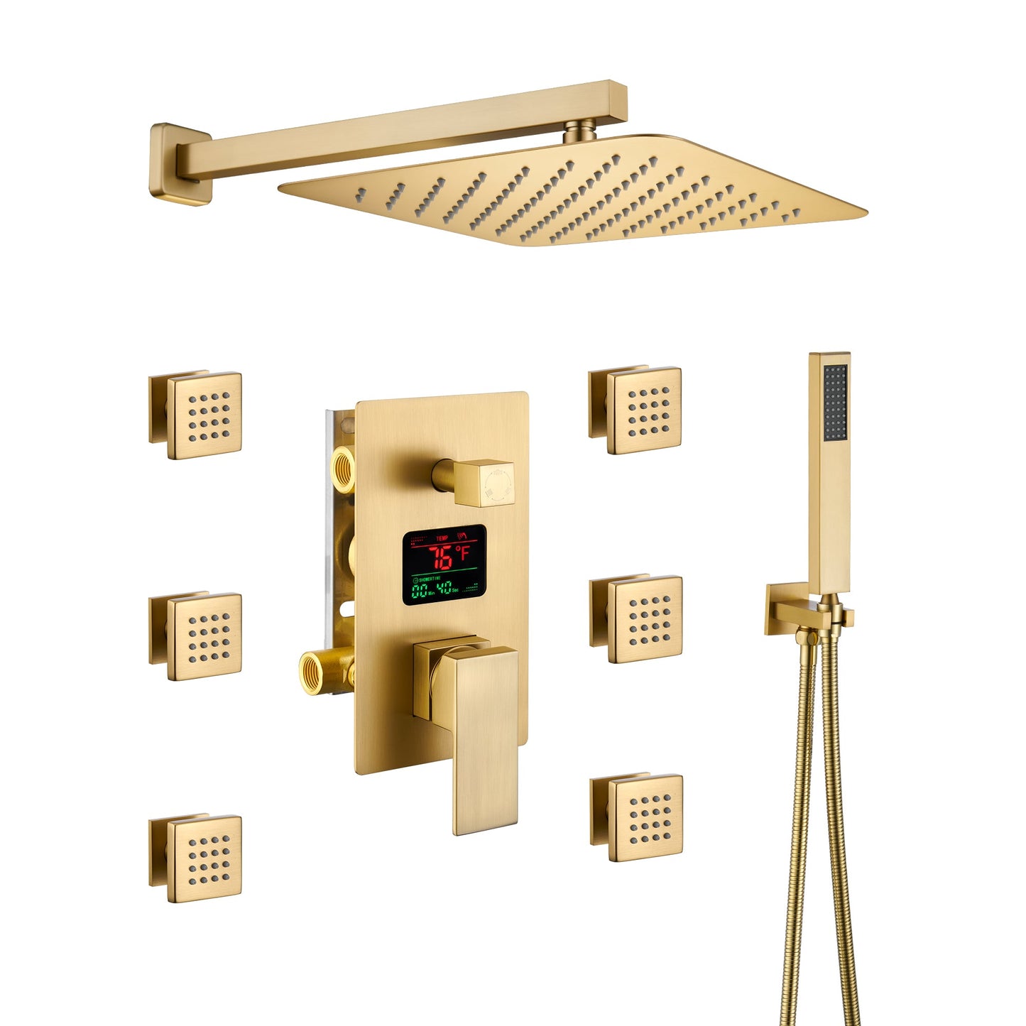 Mondawe Wall Mount Thermostatic Rain Shower Head System with Body Sprayers Handheld Shower and Digital Display